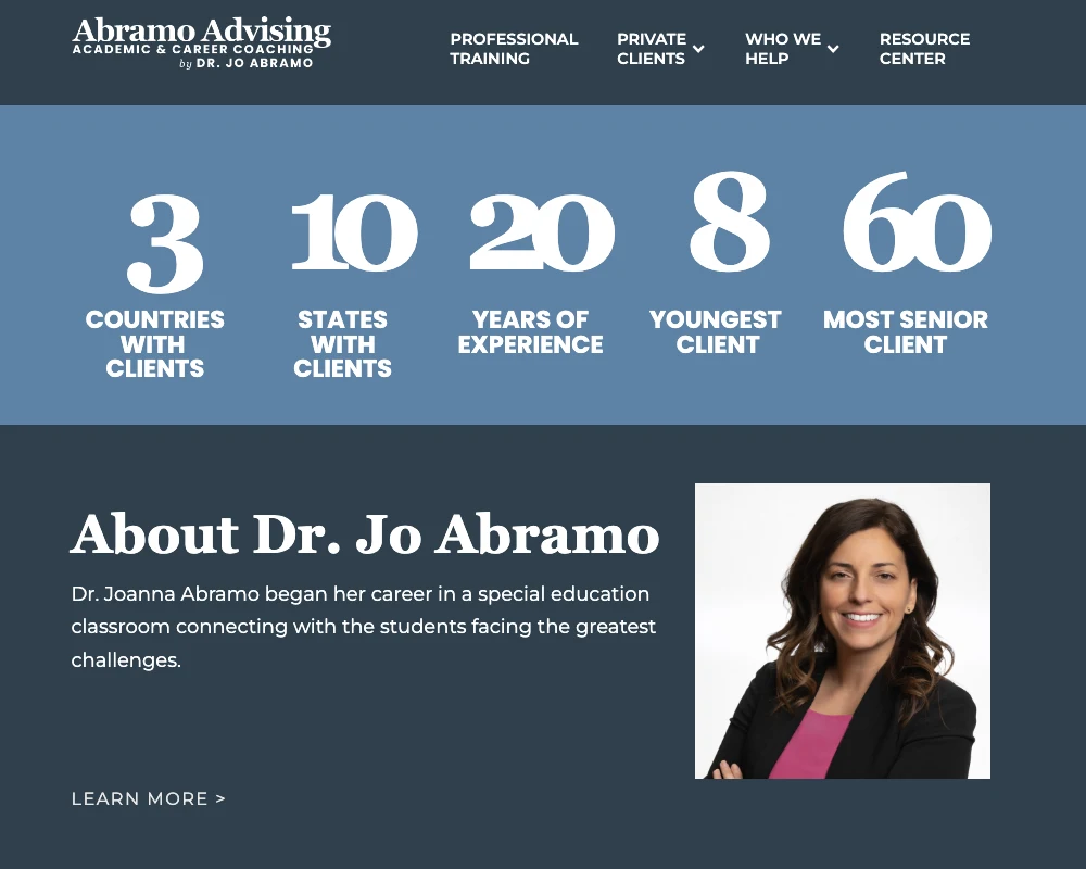 website screenshot Abramo Advising