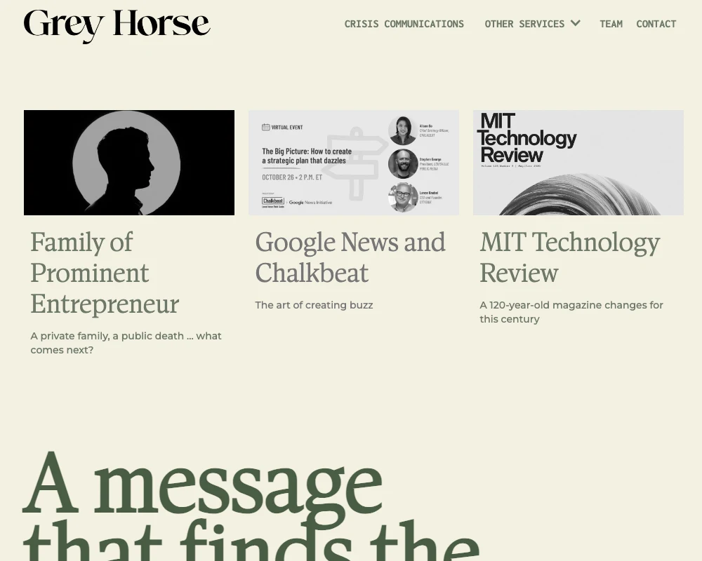 Website screenshot of Grey Horse communications